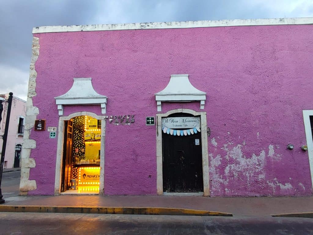 Image of two doorways, one shut and one open and filled with light, on a bright pink building with crumbling paint