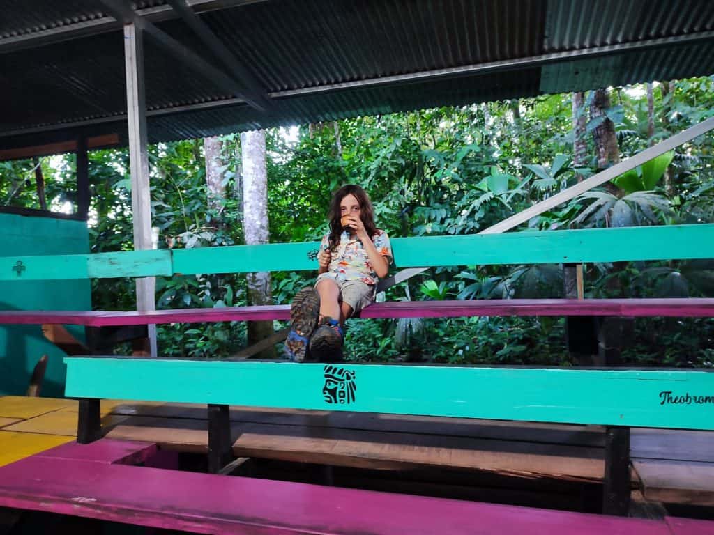 Young boy sits alone on a row of green and pink bench seating drinking a hot chocolate