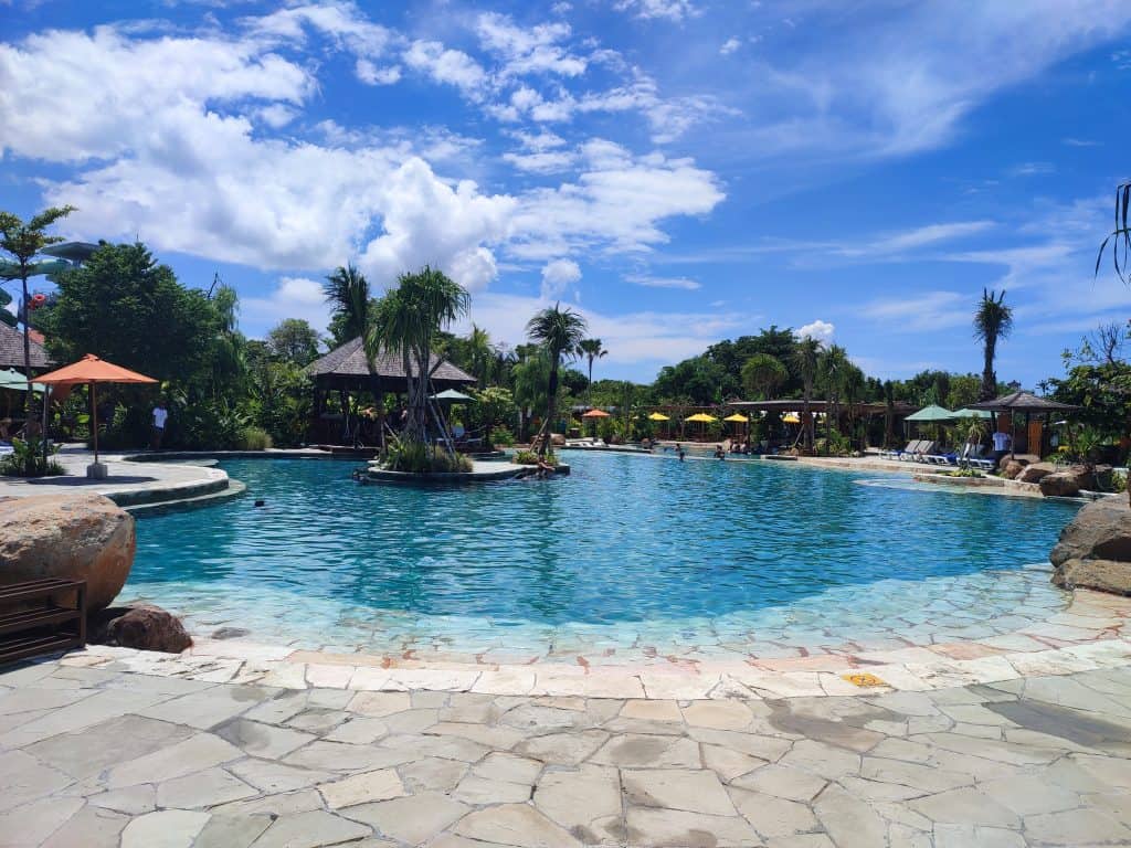 Image of lagoon swimming pool at Waterbom waterpark in Bali on a family visit with kids