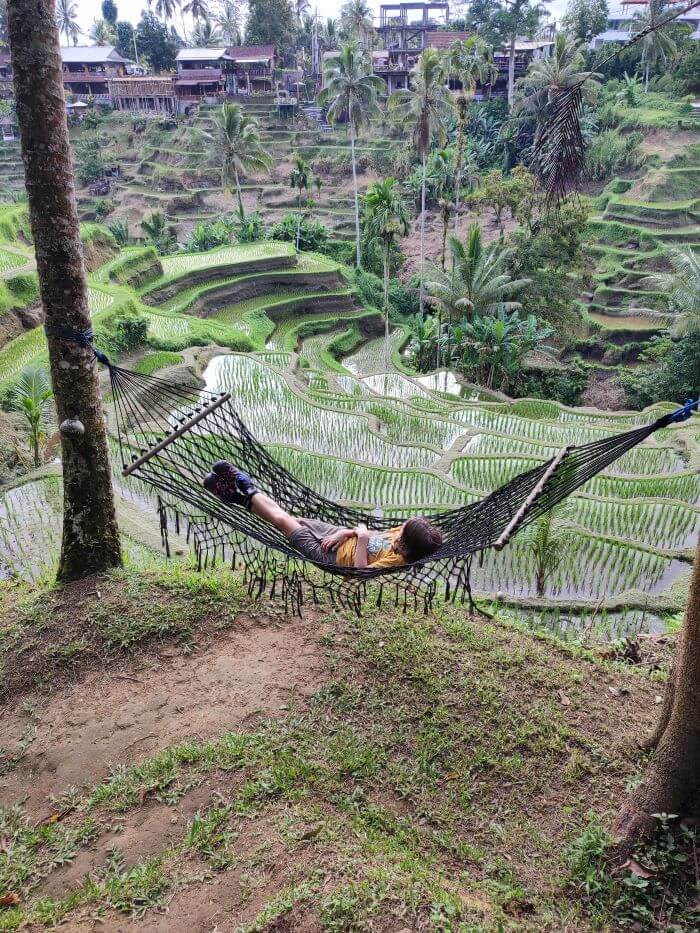 A child relaxing in a hammock with a breathtaking view of the terraced rice fields in Ubud, Bali
