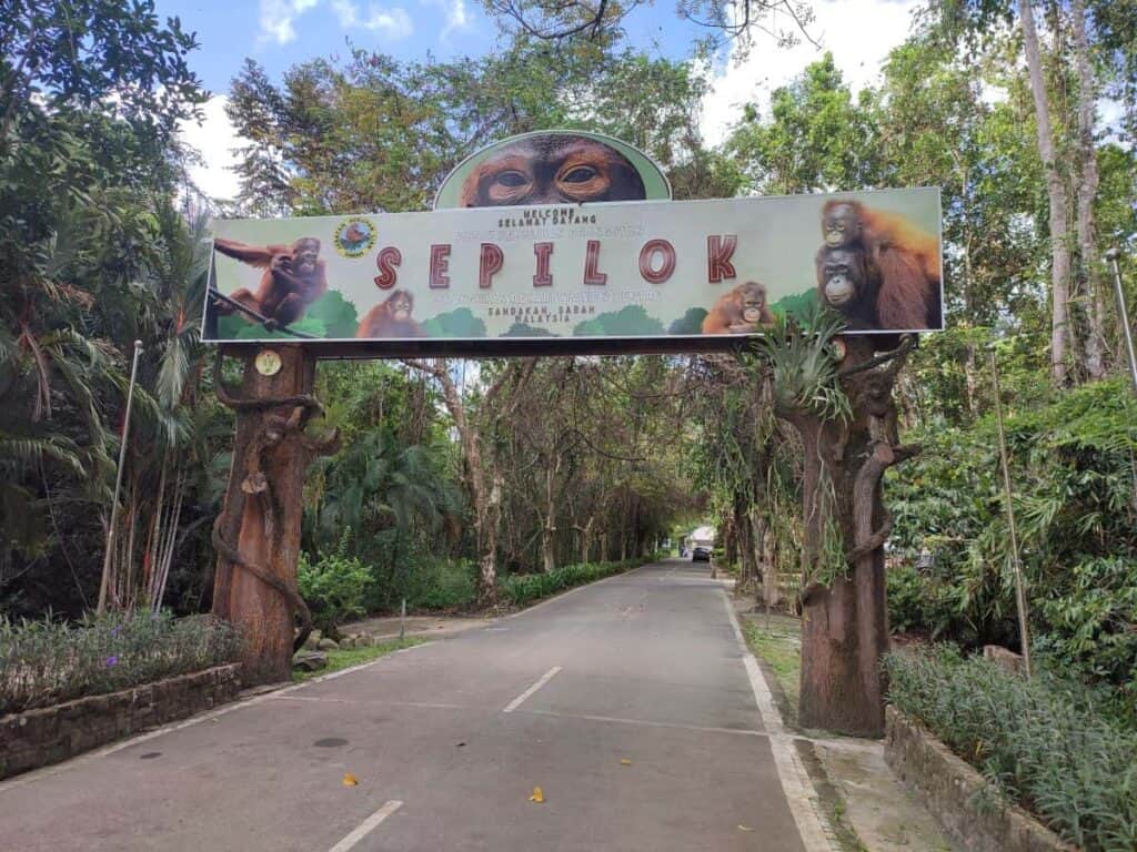 An entrance sign across the road at Sepilok Orangutan Rehabilitation Centre in Borneo. The sign reads 'Welcome' and 'Sepilok' and has images of orangutans on either side and above it. The road is surrounded by forest.
