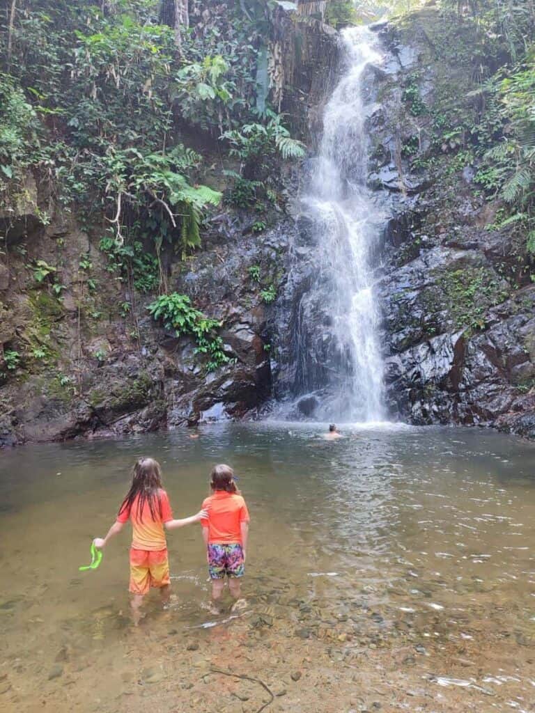 Two young boys in colorful rash guards stand hand-in-hand at the edge of the clear natural pool at Durian Perangin Waterfall in Langkawi, watching an adult swim in the refreshing water below the falls—ideal family swimming spot surrounded by rainforest greenery.