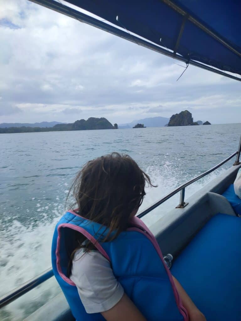 Boy in blue lifejacket looks out to sea from a small boat on a Langkawi mangrove tour. In the distance are huge limestone karst rock formations rising from the sea.
