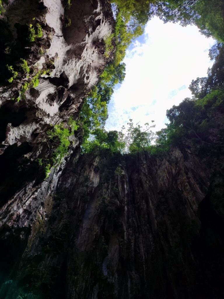 View looking straight up from inside Batu Caves where steep limestone walls rise toward a bright opening of sky surrounded by green jungle plants. The towering rock formations show the dramatic natural landscape visitors experience when visiting Batu Caves.