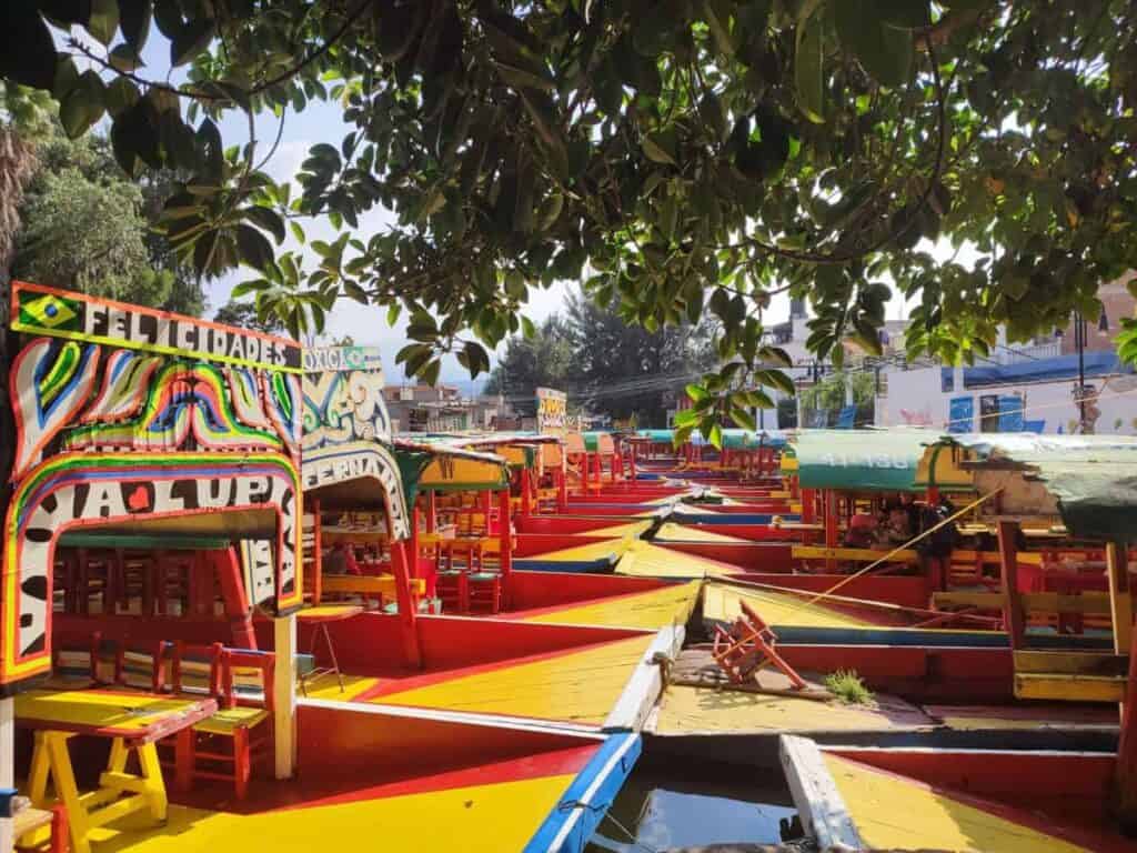 A long row of vividly painted trajinera boats packed tightly together at the Xochimilco canals, viewed from beneath overhanging tree branches. The nearest boat reads 'Felicidades' and 'La Lupe' in bold lettering, with tables and chairs visible on the decks of the empty, docked boats